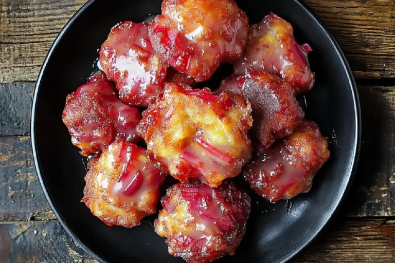 Sweet & Tangy Rhubarb Fritters 2 Golden brown rhubarb fritters stacked on a plate, dusted with powdered sugar and served with honey.