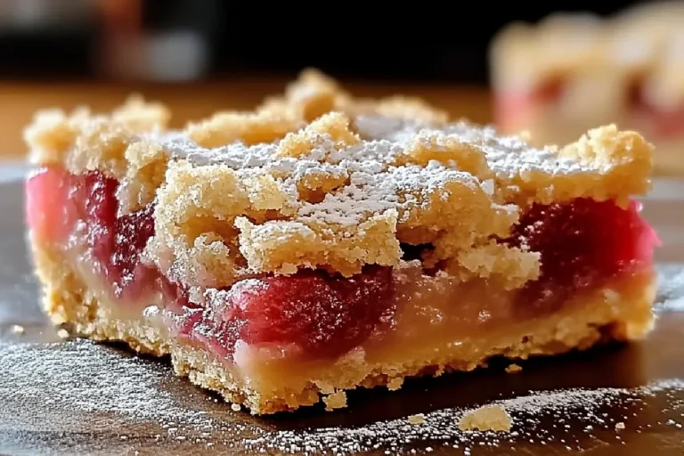 Rhubarb Shortbread Bars 2 Buttery rhubarb shortbread bars with golden crust and vibrant pink filling, sliced and ready to serve.