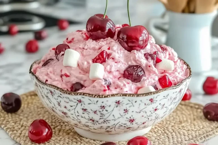 Cherry Cheesecake Fluff 2 A bowl of creamy cherry cheesecake fluff topped with whipped cream and cherries, served as a no-bake dessert