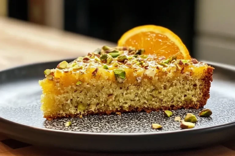 Flourless Orange, Pistachio, and Almond Cake 2 A slice of flourless orange cake topped with crushed pistachios on a rustic plate