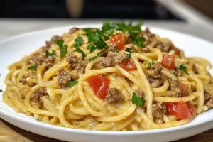Creamy One Pot Spaghetti with Ground Beef and Cheese in a Rich Tomato Sauce