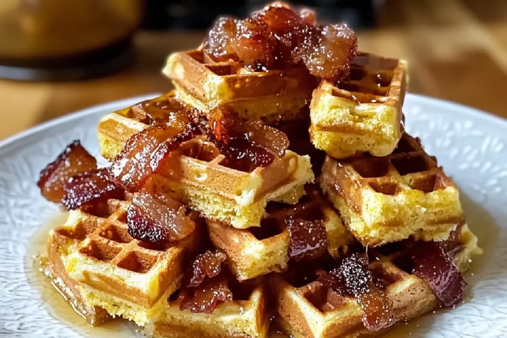 Golden Cornbread Waffle Bites Drizzled with Warm Honey Butter Syrup – A Southern-Inspired Mini Brunch Treat
